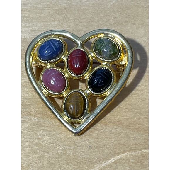 Vintage Heart Brooch Lot of 2 Gold Tone Scarab Jewels Romantic - Picture 2 of 6